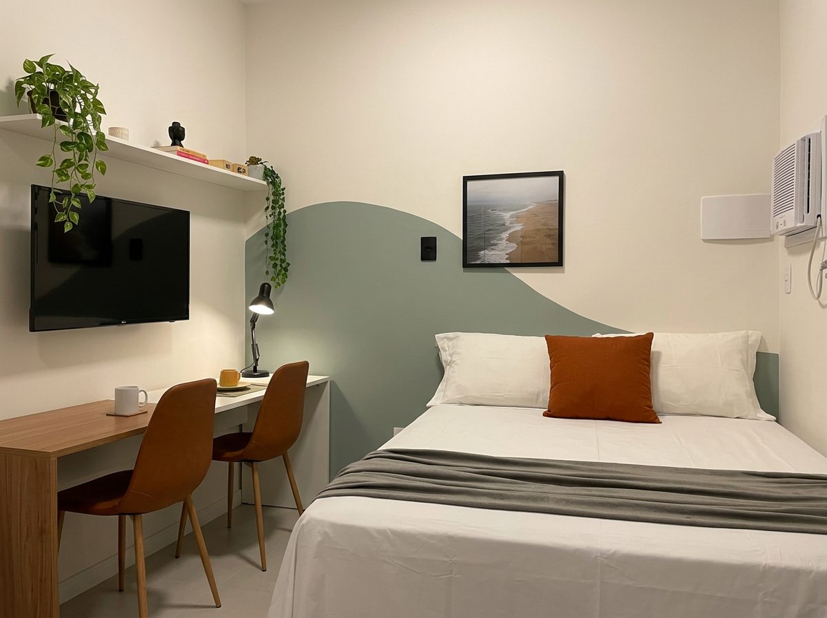 Ambiente principal do Studio 302 com cama de casal, mesa de trabalho e Smart TV